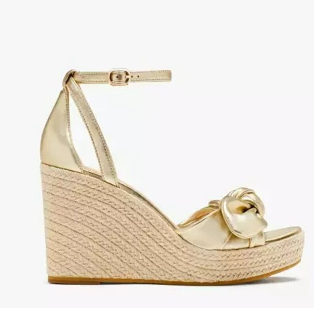 Kate Spade Tianna Espadrille Wedges Pale Gold Knot Leather Ankle Strap Sz 8.5